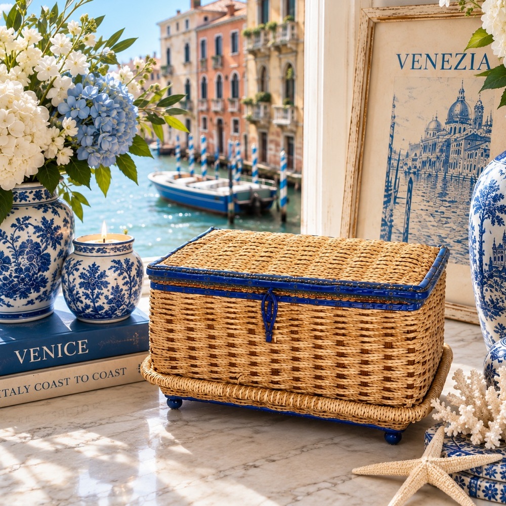 Vintage Wicker Sewing Basket Blue & Natural Rattan Coastal Mediterranean Storage